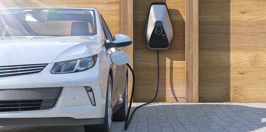 electric vehicle of the future using smart electric car charging station at home frontal perspective